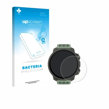 Parte frontal de un envase de producto con el logotipo de la marca upscreen. Al lado se muestra el dispositivo Suunto Vertical