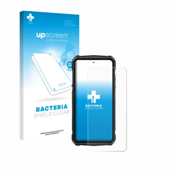 Parte frontal de un envase de producto con el logotipo de la marca upscreen. Al lado se muestra el dispositivo Ulefone Armor 2