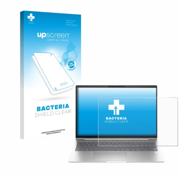 Parte frontal de un envase de producto con el logotipo de la marca upscreen. Al lado se muestra el dispositivo HP EliteBook 6 