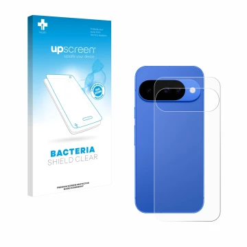 Parte frontal de un envase de producto con el logotipo de la marca upscreen. Al lado se muestra el dispositivo Google Pixel 10