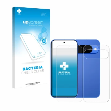 Parte frontal de un envase de producto con el logotipo de la marca upscreen. Al lado se muestra el dispositivo Google Pixel 10