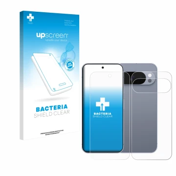 Parte frontal de un envase de producto con el logotipo de la marca upscreen. Al lado se muestra el dispositivo Google Pixel 10