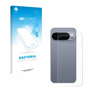 Parte frontal de un envase de producto con el logotipo de la marca upscreen. Al lado se muestra el dispositivo Google Pixel 10