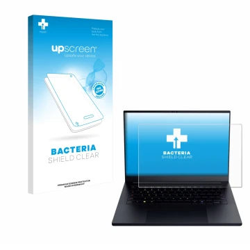 Parte frontal de un envase de producto con el logotipo de la marca upscreen. Al lado se muestra el dispositivo Razer Blade 14 