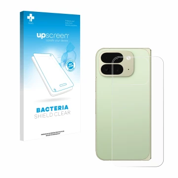 Parte frontal de un envase de producto con el logotipo de la marca upscreen. Al lado se muestra el dispositivo Google Pixel 10