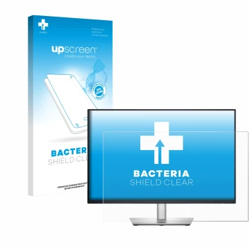 Parte frontal de un envase de producto con el logotipo de la marca upscreen. Al lado se muestra el dispositivo Dell Pro 24 Plu