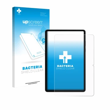 Parte frontal de un envase de producto con el logotipo de la marca upscreen. Al lado se muestra el dispositivo Samsung Galaxy 