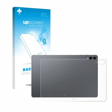 Parte frontal de un envase de producto con el logotipo de la marca upscreen. Al lado se muestra el dispositivo Samsung Galaxy 