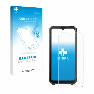 Parte frontal de un envase de producto con el logotipo de la marca upscreen. Al lado se muestra el dispositivo Blackview BV480