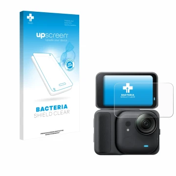 Parte frontal de un envase de producto con el logotipo de la marca upscreen. Al lado se muestra el dispositivo Insta360 Go Ult