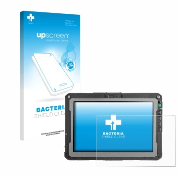 Parte frontal de un envase de producto con el logotipo de la marca upscreen. Al lado se muestra el dispositivo Getac ZX10 G2 c