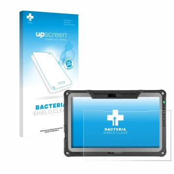Parte frontal de un envase de producto con el logotipo de la marca upscreen. Al lado se muestra el dispositivo Getac F110 G7 c