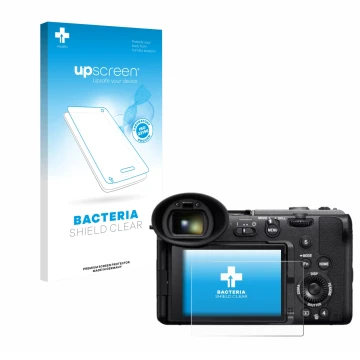 Parte frontal de un envase de producto con el logotipo de la marca upscreen. Al lado se muestra el dispositivo Sony Cinema Lin