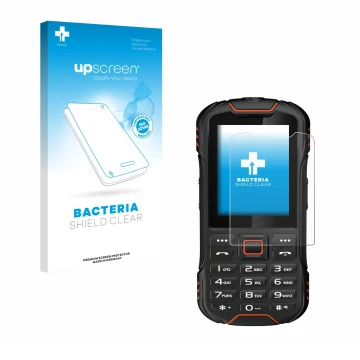 Parte frontal de un envase de producto con el logotipo de la marca upscreen. Al lado se muestra el dispositivo Gigaset GLX8 co