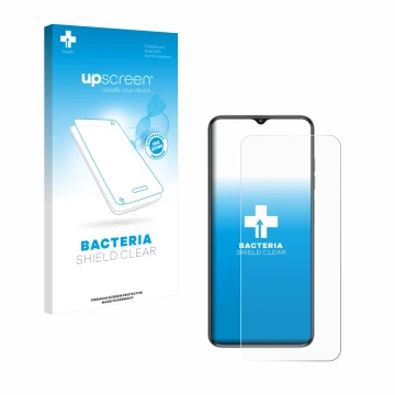 Parte frontal de un envase de producto con el logotipo de la marca upscreen. Al lado se muestra el dispositivo Oukitel C1 Pro 