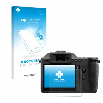 Parte frontal de un envase de producto con el logotipo de la marca upscreen. Al lado se muestra el dispositivo Hasselblad X2D 