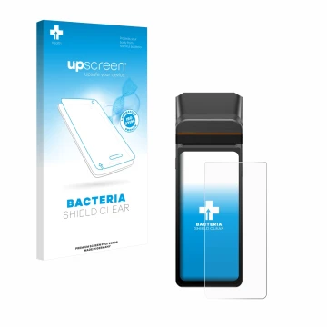 Parte frontal de un envase de producto con el logotipo de la marca upscreen. Al lado se muestra el dispositivo Sunmi V3H con s