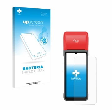 Parte frontal de un envase de producto con el logotipo de la marca upscreen. Al lado se muestra el dispositivo iMin Swift 2 Pr