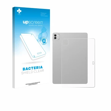Parte frontal de un envase de producto con el logotipo de la marca upscreen. Al lado se muestra el dispositivo Honor Magicpad 
