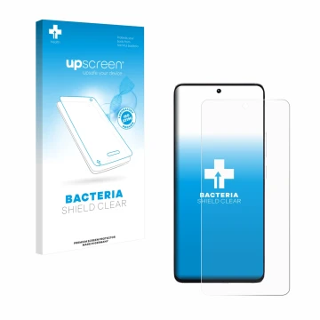 Parte frontal de un envase de producto con el logotipo de la marca upscreen. Al lado se muestra el dispositivo Xiaomi Poco M7 