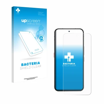 Parte frontal de un envase de producto con el logotipo de la marca upscreen. Al lado se muestra el dispositivo Oukitel WP210 c