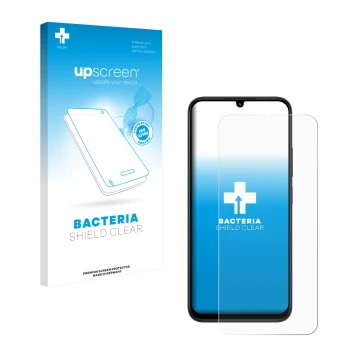Parte frontal de un envase de producto con el logotipo de la marca upscreen. Al lado se muestra el dispositivo Xiaomi Redmi 15