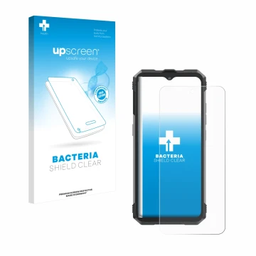 Parte frontal de un envase de producto con el logotipo de la marca upscreen. Al lado se muestra el dispositivo Cubot King Kong