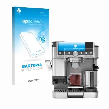Parte frontal de un envase de producto con el logotipo de la marca upscreen. Al lado se muestra el dispositivo Ninja Luxe Cafe