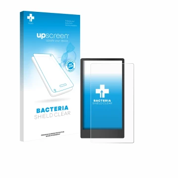 Parte frontal de un envase de producto con el logotipo de la marca upscreen. Al lado se muestra el dispositivo reMarkable Pape