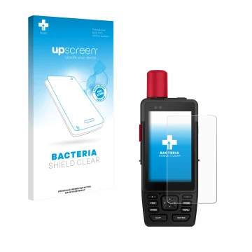 Parte frontal de un envase de producto con el logotipo de la marca upscreen. Al lado se muestra el dispositivo Garmin GPSMAP H