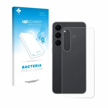 Parte frontal de un envase de producto con el logotipo de la marca upscreen. Al lado se muestra el dispositivo Samsung Galaxy 