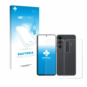 Parte frontal de un envase de producto con el logotipo de la marca upscreen. Al lado se muestra el dispositivo Samsung Galaxy 