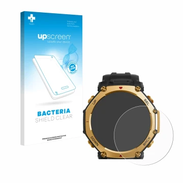Parte frontal de un envase de producto con el logotipo de la marca upscreen. Al lado se muestra el dispositivo Huami Amazfit T