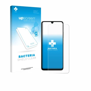 Parte frontal de un envase de producto con el logotipo de la marca upscreen. Al lado se muestra el dispositivo Motorola Moto G