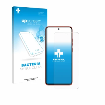 Parte frontal de un envase de producto con el logotipo de la marca upscreen. Al lado se muestra el dispositivo Motorola Moto 6