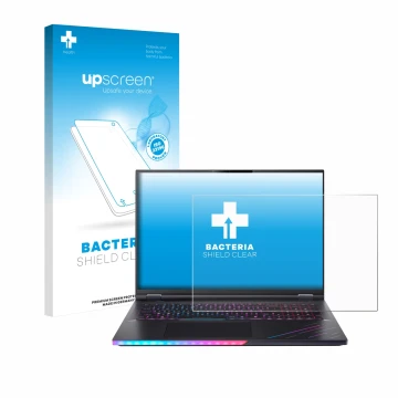 Parte frontal de un envase de producto con el logotipo de la marca upscreen. Al lado se muestra el dispositivo Acer Predator H