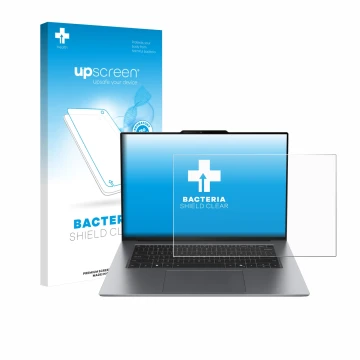 Parte frontal de un envase de producto con el logotipo de la marca upscreen. Al lado se muestra el dispositivo Lenovo ThinkPad