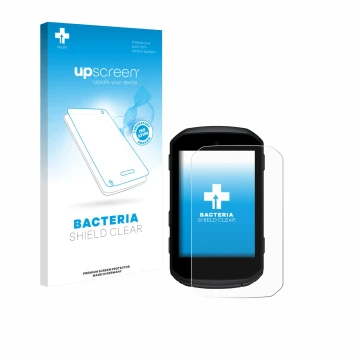Parte frontal de un envase de producto con el logotipo de la marca upscreen. Al lado se muestra el dispositivo Garmin Edge 550
