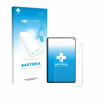 Parte frontal de un envase de producto con el logotipo de la marca upscreen. Al lado se muestra el dispositivo Huawei MatePad 