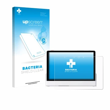 Parte frontal de un envase de producto con el logotipo de la marca upscreen. Al lado se muestra el dispositivo eufy Smart Disp