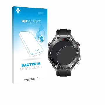 Parte frontal de un envase de producto con el logotipo de la marca upscreen. Al lado se muestra el dispositivo Huawei Watch Ul