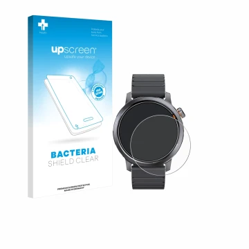 Parte frontal de un envase de producto con el logotipo de la marca upscreen. Al lado se muestra el dispositivo Kospet ORB 1.43