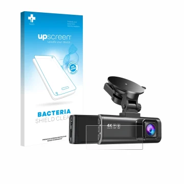 Parte frontal de un envase de producto con el logotipo de la marca upscreen. Al lado se muestra el dispositivo Redtiger F7NP c