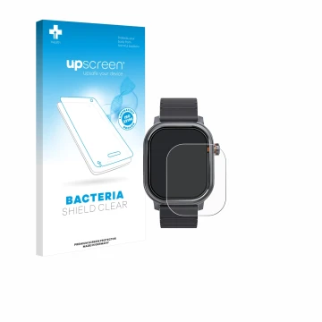 Parte frontal de un envase de producto con el logotipo de la marca upscreen. Al lado se muestra el dispositivo Kospet Pulse co