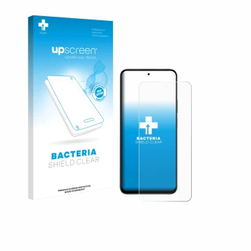 Parte frontal de un envase de producto con el logotipo de la marca upscreen. Al lado se muestra el dispositivo Honor 400 Smart