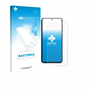 Parte frontal de un envase de producto con el logotipo de la marca upscreen. Al lado se muestra el dispositivo Samsung Galaxy 