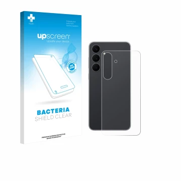 Parte frontal de un envase de producto con el logotipo de la marca upscreen. Al lado se muestra el dispositivo Samsung Galaxy 