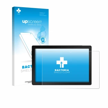 Parte frontal de un envase de producto con el logotipo de la marca upscreen. Al lado se muestra el dispositivo MUISOO A10 10.1