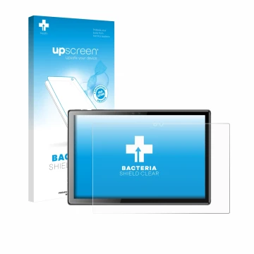 Parte frontal de un envase de producto con el logotipo de la marca upscreen. Al lado se muestra el dispositivo Tibuta A10 10.1