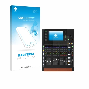 Parte frontal de un envase de producto con el logotipo de la marca upscreen. Al lado se muestra el dispositivo Behringer Wing 